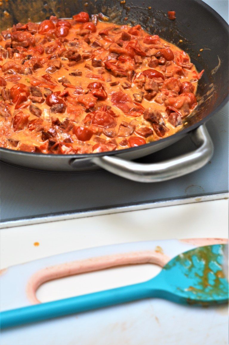 chorizo, tomato and creme fraiche pasta